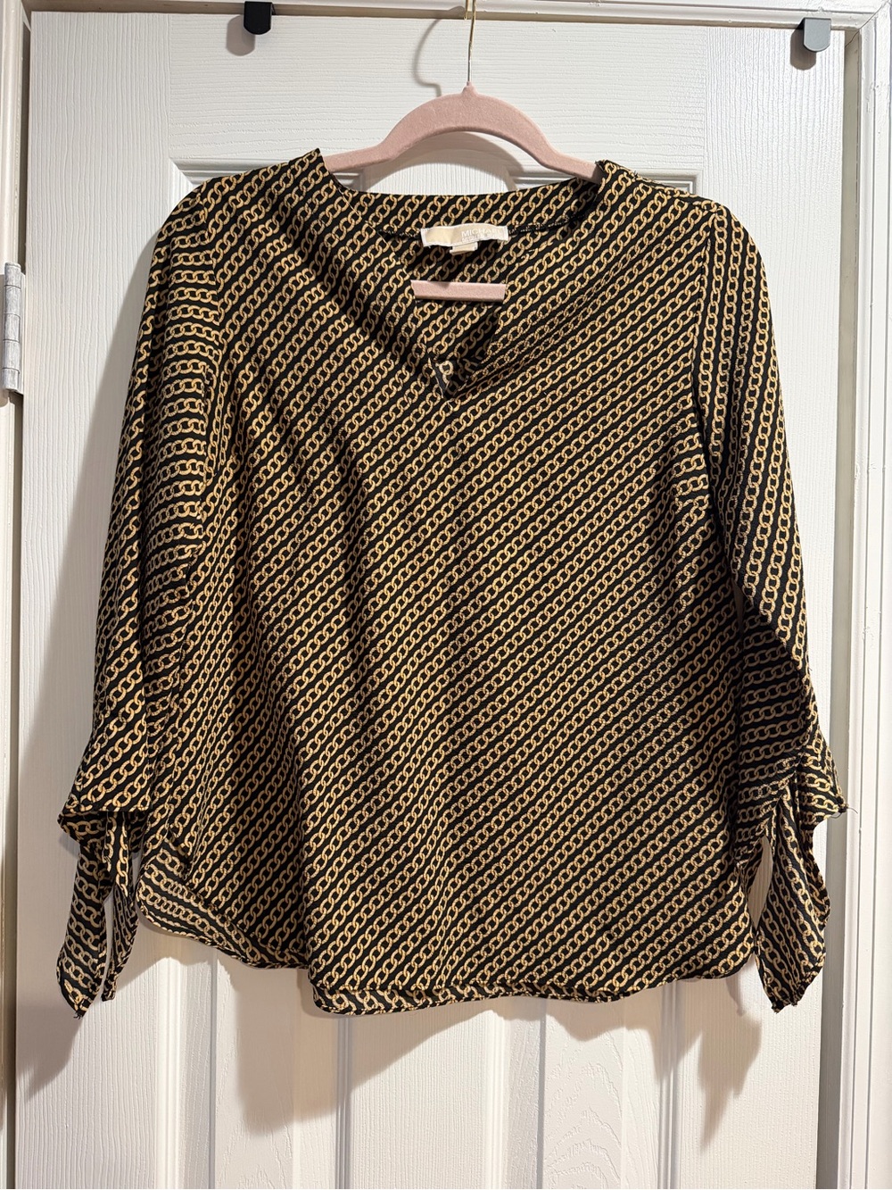 Michael Kors Black & Gold Chain Print Tie-Sleeve Blouse (Size S)